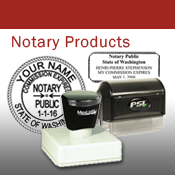 Round or rectangular notary stamps that are either pre-inked or self-inking.
